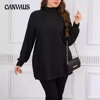 Весенний женский трикотаж больших размеров с высоким воротом и разрезом по низу L чёрный