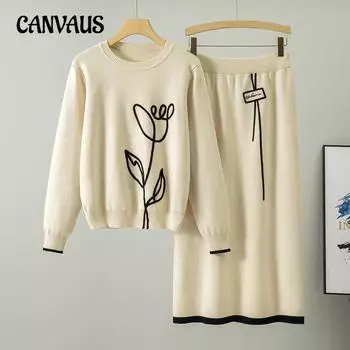 Весенний женский вязаный комплект из двух частей: свитер, юбка, нежный ветер one size абрикосовый