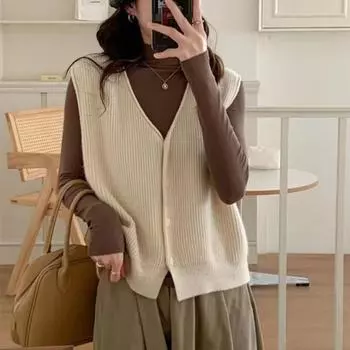 Весенний жилет женский кардиган вязаный жилет универсальный многослойный корейский вариант топа S чёрный