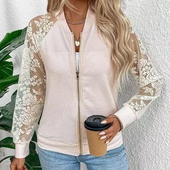 Весенняя элегантная женская куртка с длинными рукавами из кружева, с воротником бейсболки, однотонная, на молнии S абрикосовый