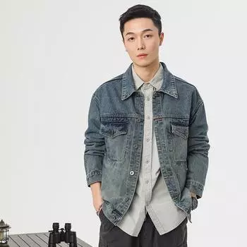 Весенняя американская ретро джинсовая куртка с лацканами, двойной карман, повседневная, большого размера, модное пальто, мужская классика, свободная 2XL