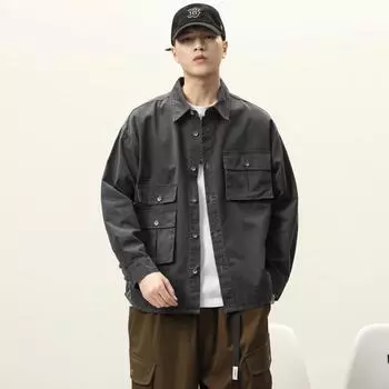 Весенняя американская тяжелая ретро-рубашечная куртка с длинными рукавами мужская свободная куртка большого размера модная рубашка одежда Tide M темно-серого