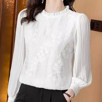 Весенняя белая кружевная шифоновая блузка с длинным рукавом, женские топы J219 M белый