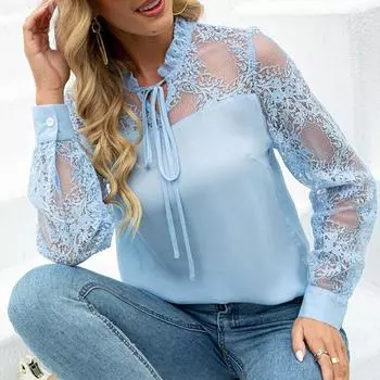 Весенняя блузка на шнуровке с длинными рукавами, модные сексуальные рубашки с v-образным вырезом, офисная женская одежда, элегантные кружевные женские полые топы 24664 S синий