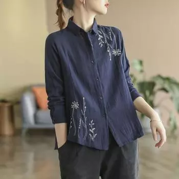Весенняя блузка Простая литературная женская рубашка с длинными рукавами Свободная рубашка с дикой цветочной вышивкой XXXL белый