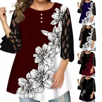 Весенняя блузка с прозрачной сеткой и цветочным принтом, женская рубашка больших размеров 3XL красный