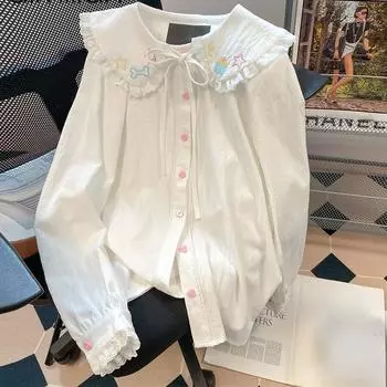 Весенняя блузка, женская одежда, кавайная милая кружевная лоскутная рубашка в стиле Лолиты с воротником «Питер Пэн», винтажный милый топ с вышивкой, одежда Y2k S белый