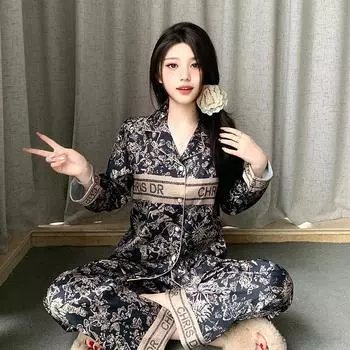 Весенняя черная и золотая домашняя одежда из ледяного шелка с длинными рукавами L