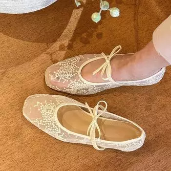 Весенняя цветочная фея • Белые сетчатые одинарные туфли с бантом, женские туфли Мэри Джейн по внутренней высоте 35