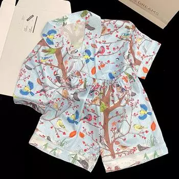 Весенняя цветочная ветка с рисунком из мультфильмов, женская пижама, идиллический стиль, романтическая жизненная сила, домашняя одежда для сна, летняя одежда для отдыха M