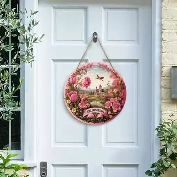 Весенняя деревянная вывеска на дверь, круглая, красочная, с цветочным принтом, со шнурком, декор для крыльца, вешалка для входной двери, домашний вход, настенное украшение, подвеска 30cm B