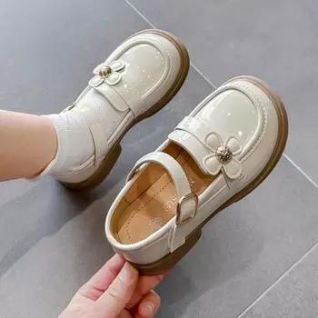 Весенняя детская кожаная обувь, блестящая модная милая обувь принцессы из искусственной кожи для девочек, универсальная детская повседневная обувь Мэри Джейн на толстой подошве 23 бежевый
