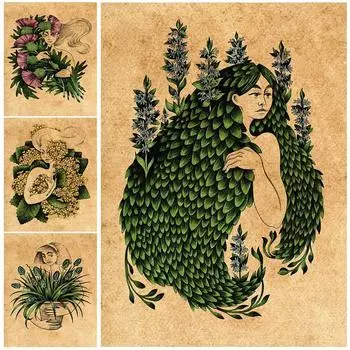 Весенняя девушка с художественным принтом, растения, цветы и девушка, винтажная настенная живопись маслом, украшение для дома, винтажный постер с зеленой ведьмой 21cm30cm NoFrame