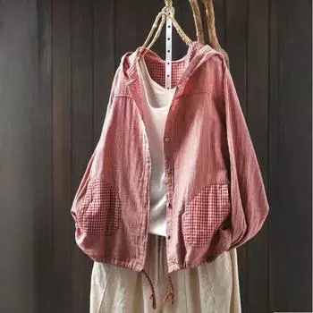 Весенняя двухслойная хлопковая пряжа с капюшоном в полоску Женская рубашка с длинным рукавом в клетку куртка One size