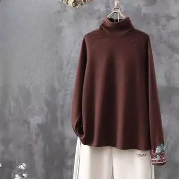 Весенняя двухсторонняя немецкая бархатная этническая рубашка с вышивкой и полувысоким воротником, женская повседневная утягивающая футболка с длинными рукавами M кофейный