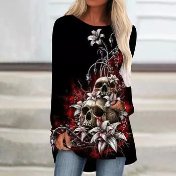 Весенняя дышащая женская рубашка с круглым вырезом и длинным рукавом, с принтом в виде цветка и черепа, модная повседневная базовая рубашка в стиле Харадзюку Y2K S