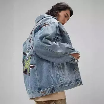 Весенняя джинсовая куртка в стиле граффити для мужчин, американская модная брендовая повседневная куртка с отворотами в стиле ретро 4XL светло-синий