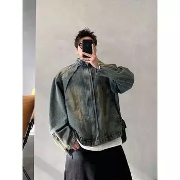 Весенняя джинсовая куртка в стиле ретро с выбеленным дизайном и воротником-стойкой. Модный бренд. M синий