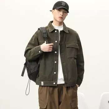 Весенняя джинсовая куртка высокого класса, мужская свободная, большого размера, модная брендовая, армейская зеленая, ретро, молодежная, инструментальная куртка, джинсовая M армия зеленый