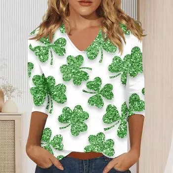 Весенняя футболка Клевер 3D-принт Футболка Женская модная футболка День Святого Патрика Топы с рукавом 3/4 Футболки Женская футболка Топы Одежда S