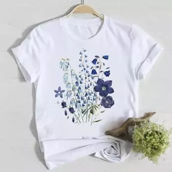 Весенняя футболка с цветочным принтом и круглым вырезом, женская одежда, модная футболка, летняя женская футболка, женская повседневная футболка с коротким рукавом и графикой S белый