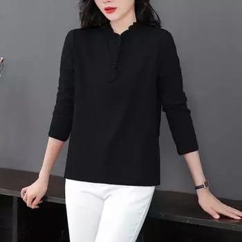 Весенняя футболка с длинными рукавами, женская свободная рубашка в стиле темперамент, модный топ, рубашка больших размеров XXXXXL чёрный
