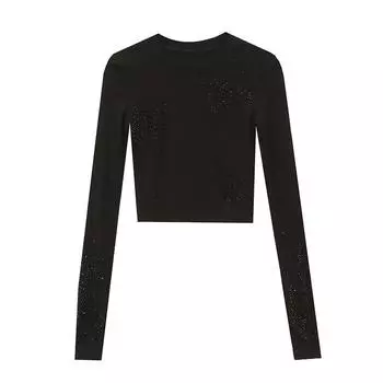 Весенняя футболка с круглым вырезом и длинными рукавами Black Iron Diamond для женщин с легким роскошным стильным тонким коротким топом S чёрный