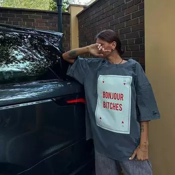 Весенняя футболка с круглым вырезом и круглым вырезом, свободная ниша с квадратным принтом и принтом L чёрный