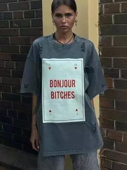 Весенняя футболка с круглым вырезом и круглым вырезом, свободная ниша с квадратным принтом и принтом L чёрный