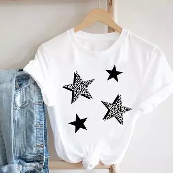 Весенняя футболка со звездным леопардом 90-х годов, летняя модная женская футболка с принтом, женская одежда, повседневная футболка с коротким рукавом и графикой S
