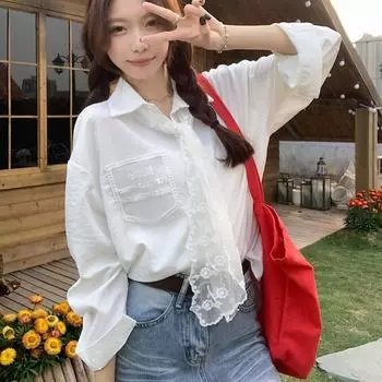 Весенняя хлопковая кружевная женская блузка рубашка осенняя вышитая рубашка-поло с длинным рукавом рабочая одежда офисная женская повседневная рубашка большого размера белого цвета S