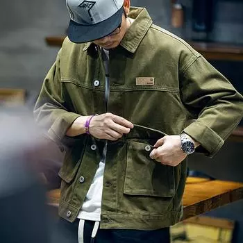 Весенняя хлопковая куртка Tooling Jacket Мужская свободная модная брендовая куртка большого размера с лацканами для мальчиков повседневная модная верхняя часть M жёлтый