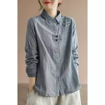 Весенняя хлопковая льняная клетчатая рубашка в стиле ретро, женская, этническая, с вышивкой, в китайском стиле, на пуговицах M серо голубой