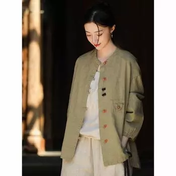 Весенняя хлопковая льняная женская одежда, рубашка из хлопка и льна в стиле ретро, женская кардиган-куртка на пуговицах с цветными блоками One Size зелёный