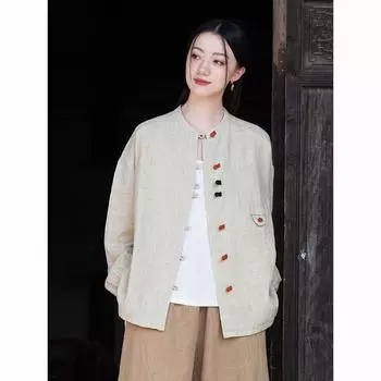 Весенняя хлопковая льняная женская одежда, рубашка из хлопка и льна в стиле ретро, женская кардиган-куртка на пуговицах с цветными блоками One Size жёлтый