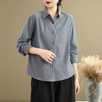 Весенняя художественная свободная рубашка с полосатым лацканом и длинными рукавами, женская рубашка, топ, блузки и рубашки M серый