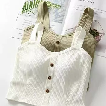 Весенняя и летняя мода, дизайн пуговиц, подтяжки, короткие майки с подкладкой для бюстгальтера, сексуальные тонкие однотонные футболки и топы, майки и майки
