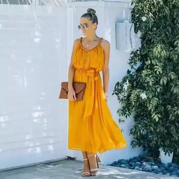 Весенняя и летняя новая женская одежда новое платье без рукавов на подтяжках свободное платье средней и длинной длины S жёлтый