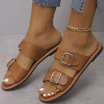 Весенняя и летняя обувь. Большие размеры. Тапочки на плоской подошве с пряжкой. Женские пляжные тапочки с открытым носком. 35 чёрный