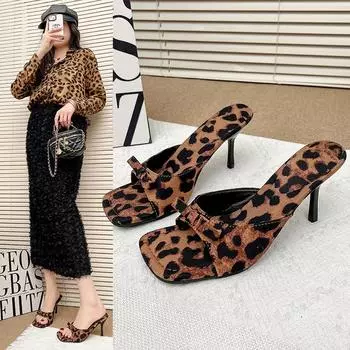 Весенняя и летняя обувь Большие размеры Туфли на высоком каблуке-шпильке Женская обувь Тонкие каблуки 35 цветной печати леопарда