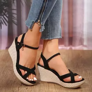 Весенняя и летняя обувь Большие размеры Босоножки на толстой платформе и каблуках Fishmouth High Женская обувь 35 чёрный