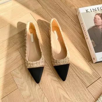 Весенняя и летняя обувь больших размеров Удобные однотонные туфли с острым носком на низком каблуке и плоской подошвой Женские туфли 35 чёрный