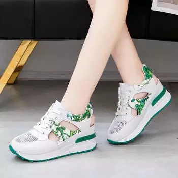 Весенняя и летняя обувь. Дышащие туфли на одинарной платформе и босоножки на танкетке на толстой платформе. Женская повседневная обувь. 35 зелёный