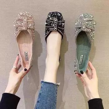 Весенняя и летняя обувь с жемчужными стразами, туфлями на плоской подошве с неглубоким горлышком и квадратной головкой и темпераментными туфлями. 35 зелёный