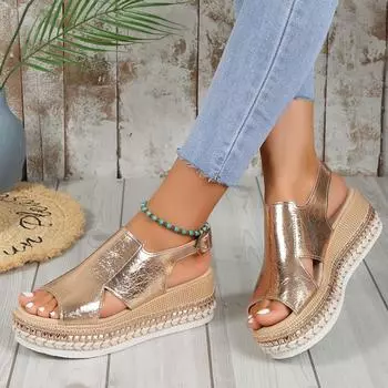 Весенняя и летняя обувь Сандалии больших размеров на танкетке «рыбий рот» на высоком каблуке и сандалии. 36 золотой