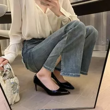 Весенняя и летняя обувь Туфли из лакированной кожи больших размеров на высоком каблуке и с острым носом 35 чёрный