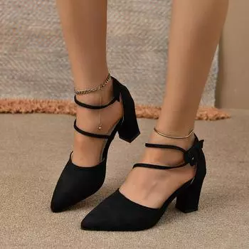 Весенняя и летняя обувь. Туфли с острым носком и пряжкой. Замшевые босоножки на толстом каблуке. Туфли на одинарной обуви. 35 чёрный