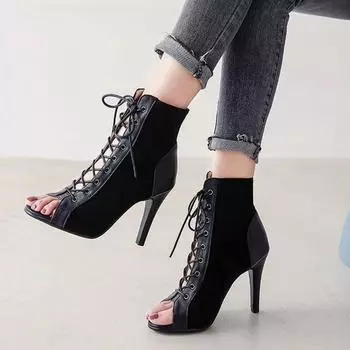 Весенняя и летняя обувь. Женские туфли на шпильке с рыбьим ротом, холодные ботинки на высоком каблуке и сандалии с открытым носком. 35 чёрный