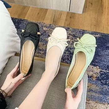 Весенняя и летняя обувь. Женские туфли с бантом, плоской подошвой, квадратной головкой, на мягкой подошве и женской обувью с педалью. 35 зелёный