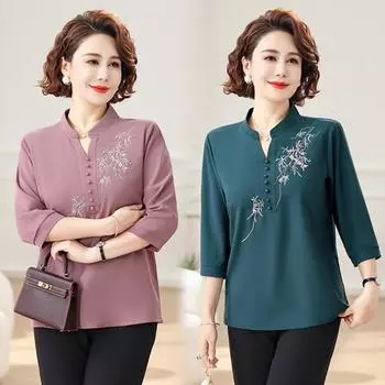 Весенняя и летняя одежда для мам среднего возраста Модная омолаживающая рубашка в западном стиле для женщин среднего и пожилого возраста Летний свободный топ M вино красного